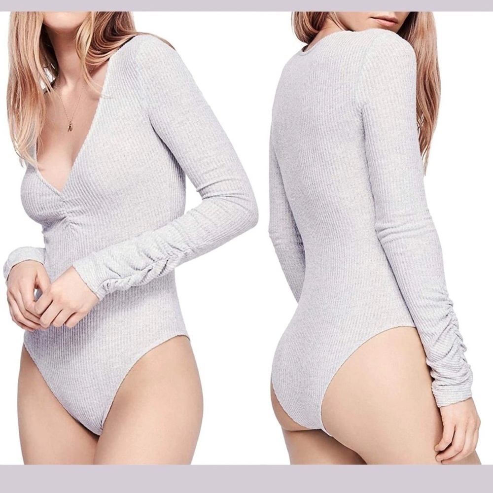 FREE PEOPLE [ M ] Cozy Up With Me Ribbed Bodysuit In Grey (c3